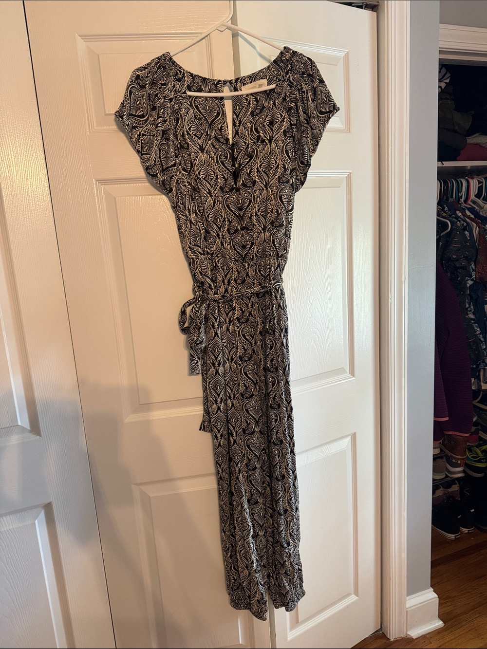 Anthropologie Black & White Paisley Tie-Waist Jumpsuit